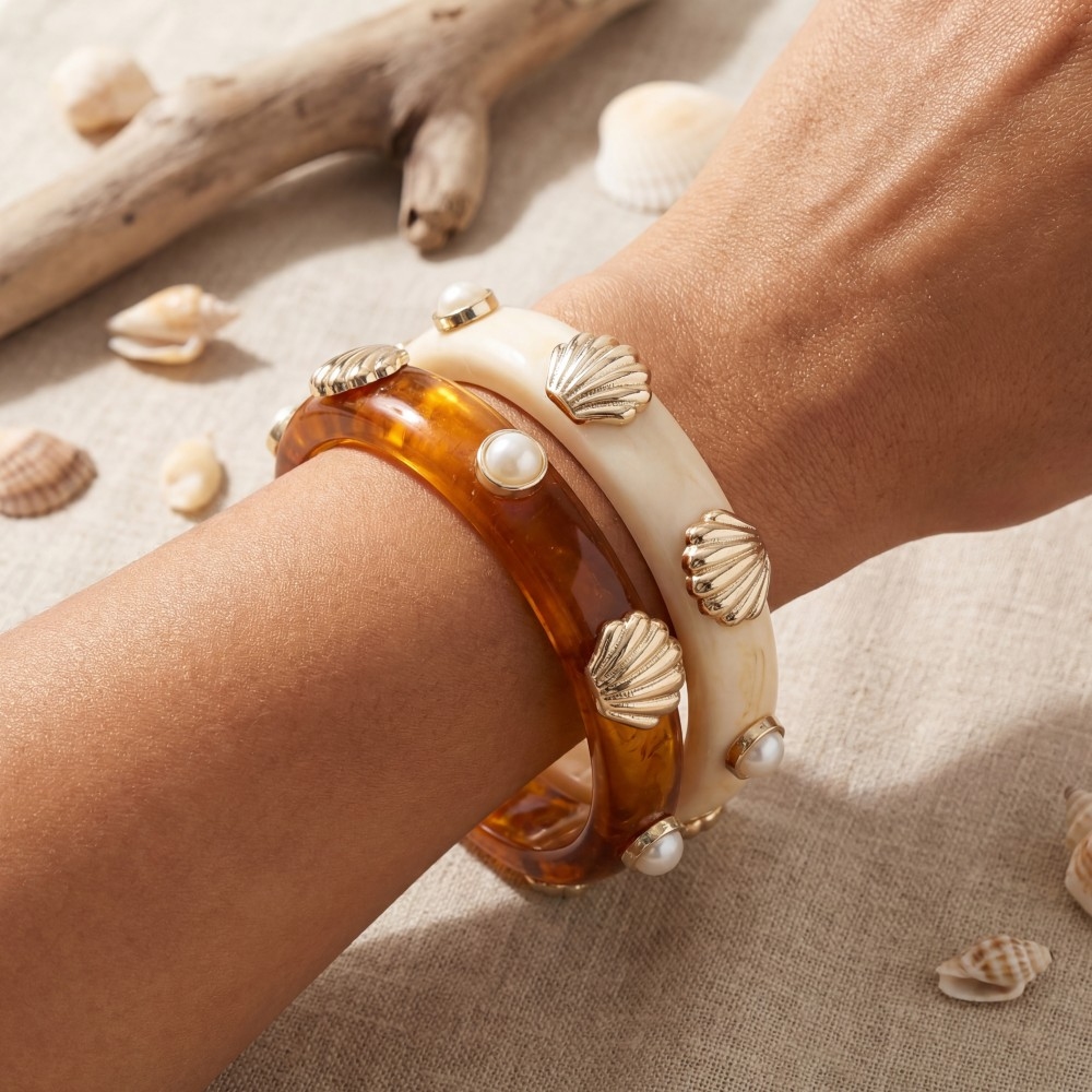 Pearl And Shell Stud Marble Resin Bangle Bracelet Set