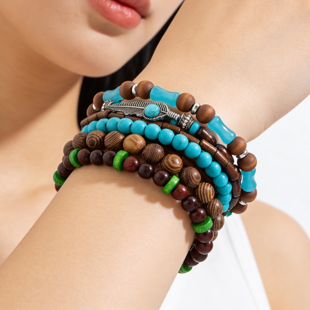 Assorted Western Wooden Beads Stackable Bracelet Set