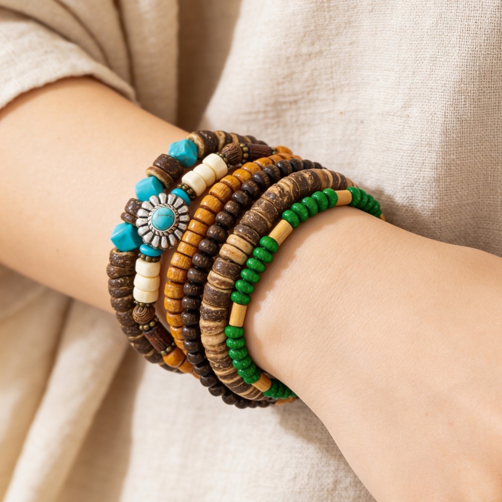 Western Wooden Beads Stackable Bracelet Set