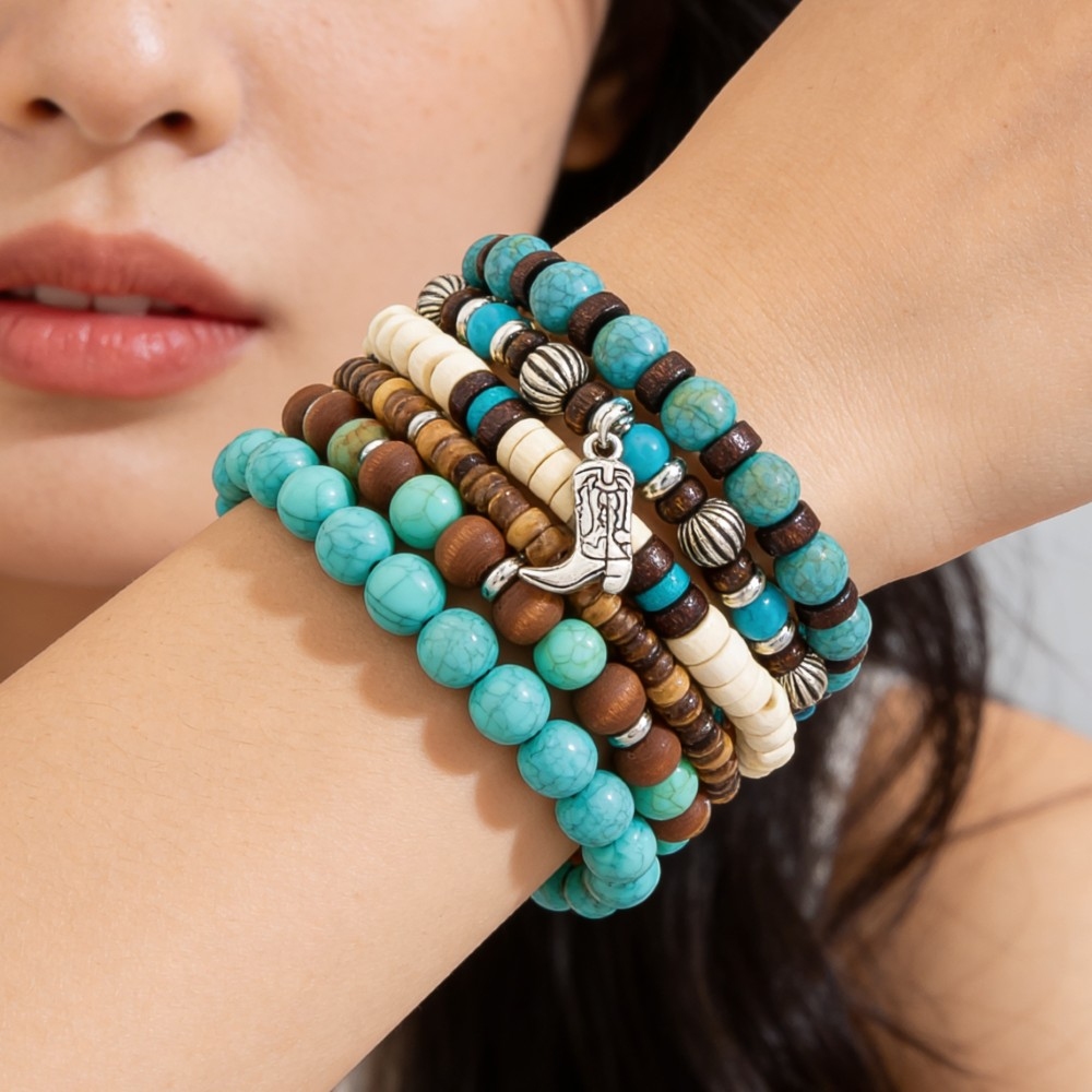Assorted Western Charms Wooden Beads Bracelet Set