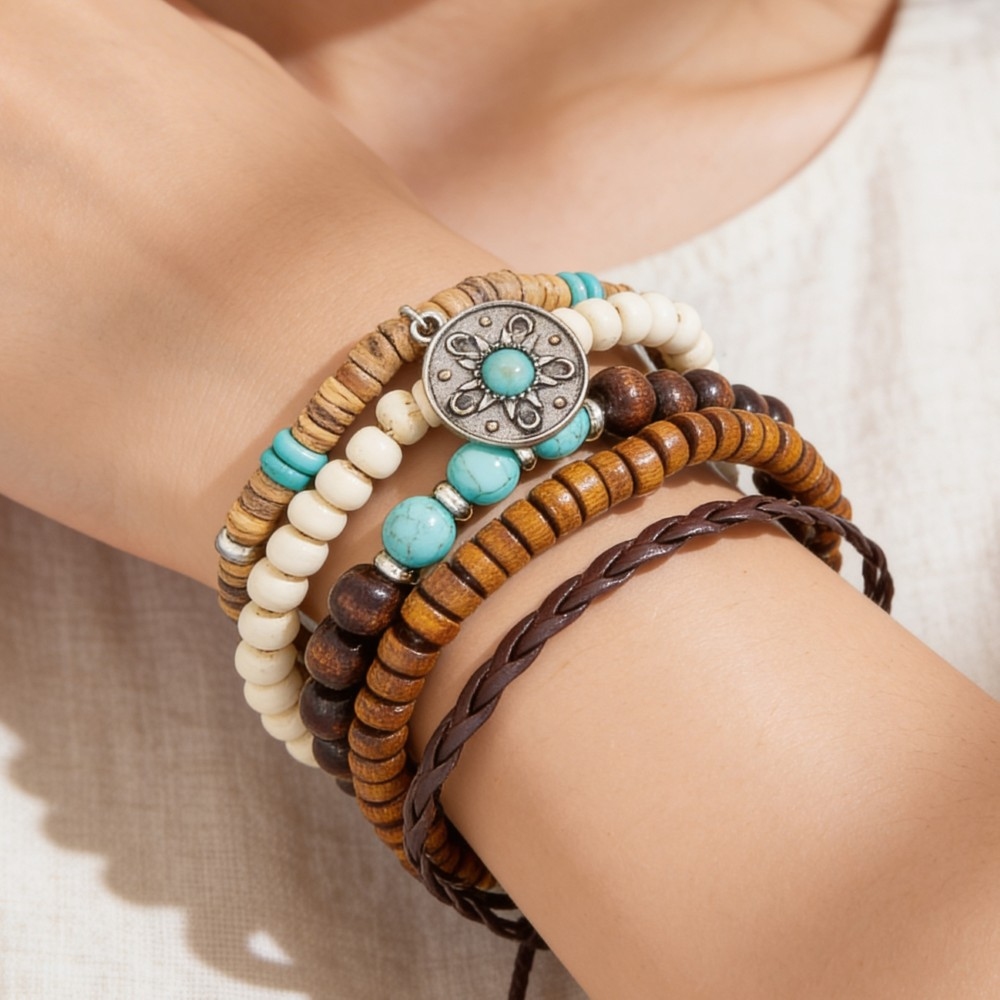 Western Coin Charm Beaded Stackable Bracelet Set