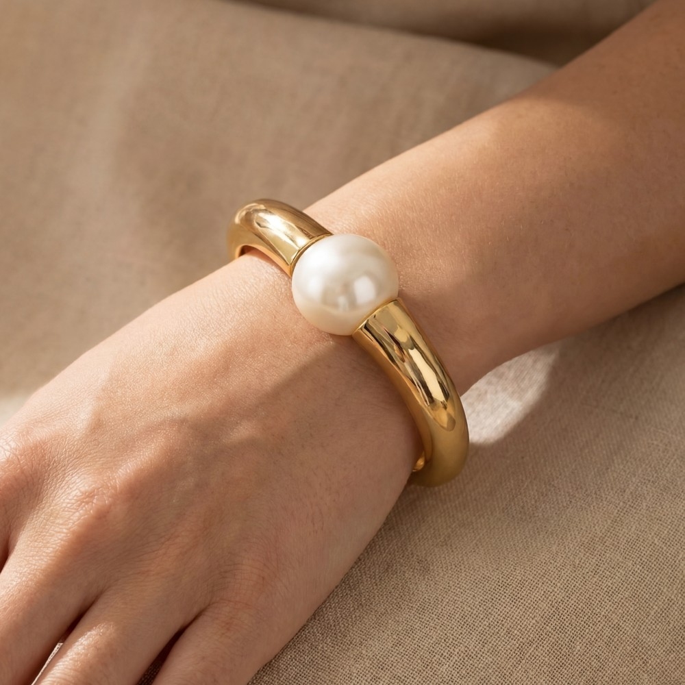 Bulky Pearl Bead Metal Hinged Bangle Bracelet