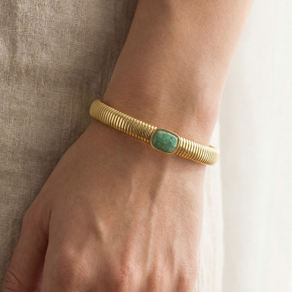 Stainless Steel Ribbed Stone Bangle Bracelet