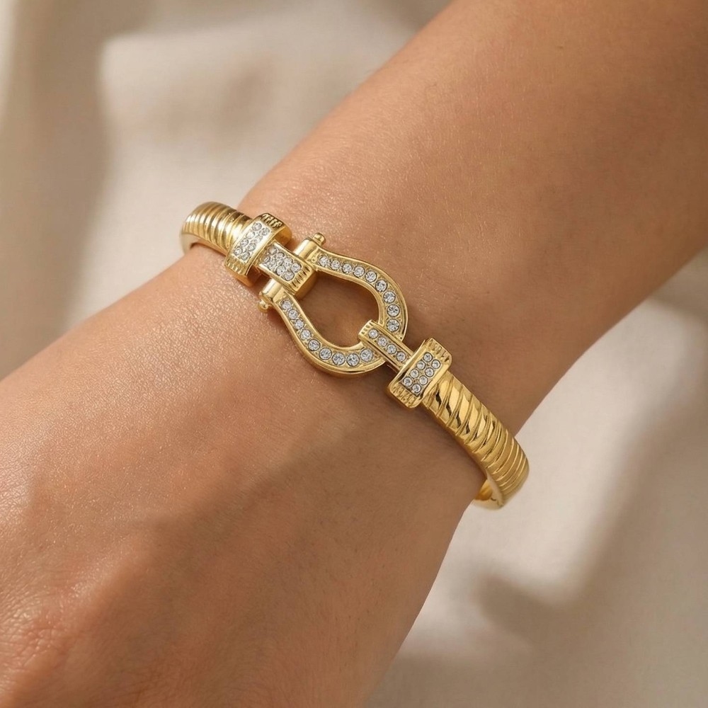 Stainless Steel Pave Horseshoe Bangle Bracelet