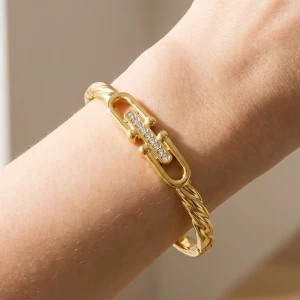 Gold Dipped Twisted Cz Connector Bangle Bracelet