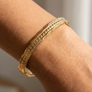 Stainless Steel Pave Crystal Textured Hinged Bangle