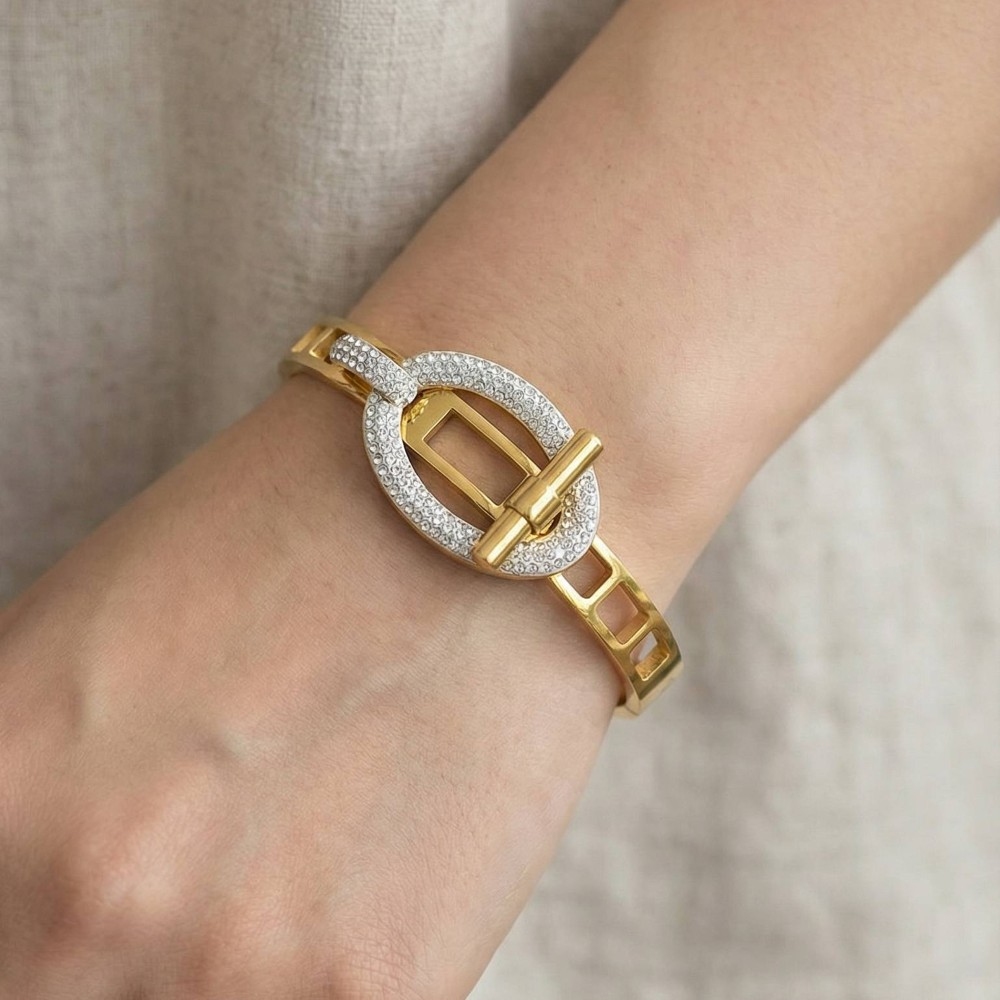 Stainless Steel Pave Oval Buckle Hinged Bangle Bracelet