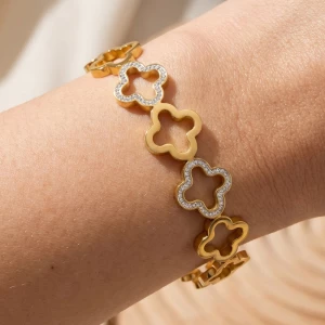 Gold Dipped Cz Quatrefoil Clover Link Bracelet