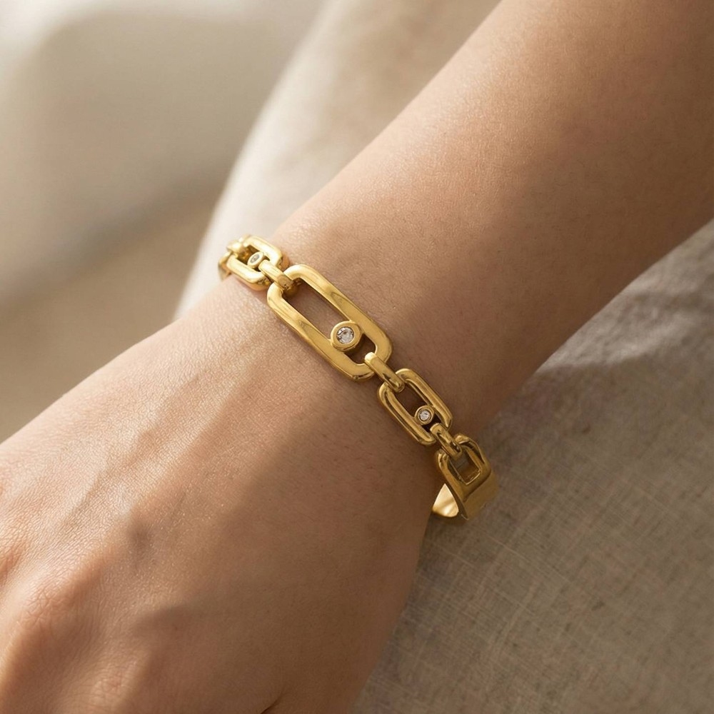 Stainless Steel Chain Link Crystal Accent Hinged Bangle Bracelet