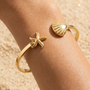 Stainless Steel Starfish And Shell Cuff Bracelet