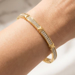 Gold Dipped Pave Cz X Divider Bangle Bracelet