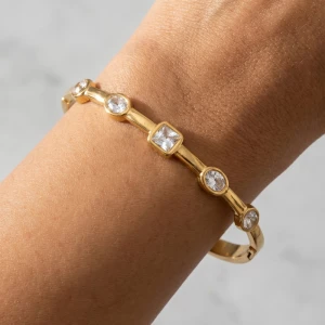 Stainless Steel Bezel Cz Station Bangle Bracelet