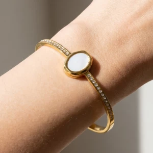 Gold Dipped Oval Stone Cz Pave Bangle Bracelet