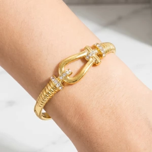 Gold Dipped Shackle Cz Ribbed Bangle Bracelet