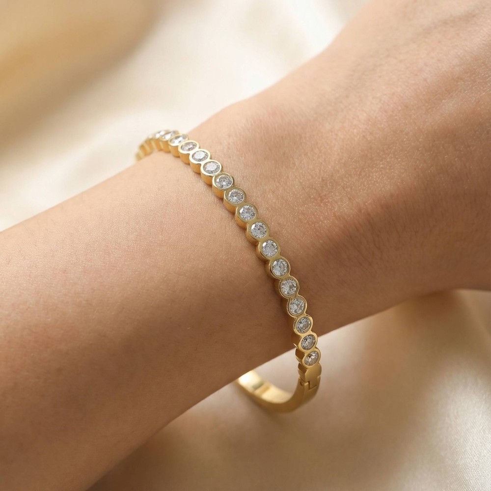 Stainless Steel Bezel Set Crystal Hinged Bangle Bracelet