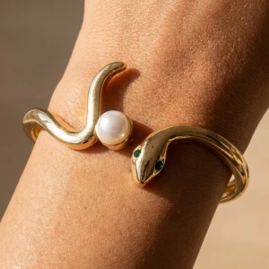 Snake Head And Pearl Open Cuff Bracelet