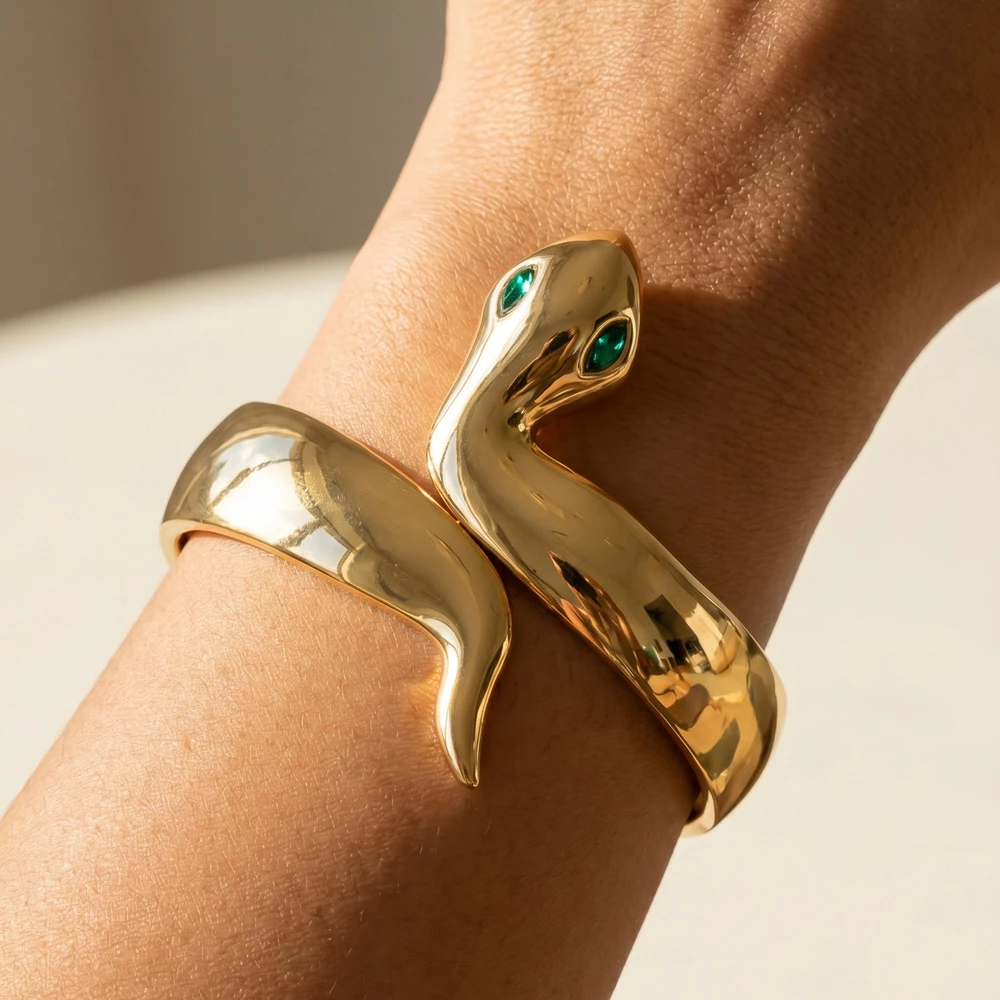 Snake Wrap Hinged Cuff Bracelet With Cz Eyes