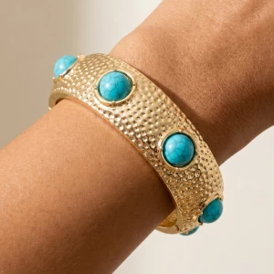 Hammered Turquoise Stone Hinged Bangle Bracelet