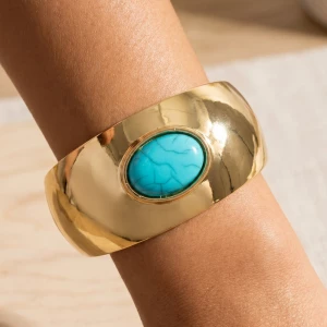 Wide Smooth Cuff Bracelet With Turquoise Stone