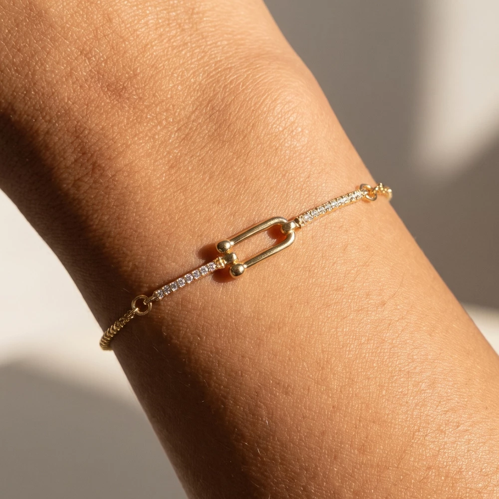 Pave Bar And U Link Box Chain Bolo Bracelet