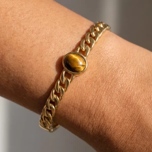 Tiger Eye Curb Chain Hinged Bangle Bracelet