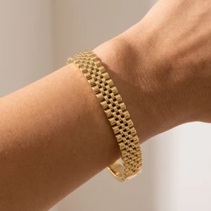 Wide Watch Band Link Hinged Bangle Bracelet