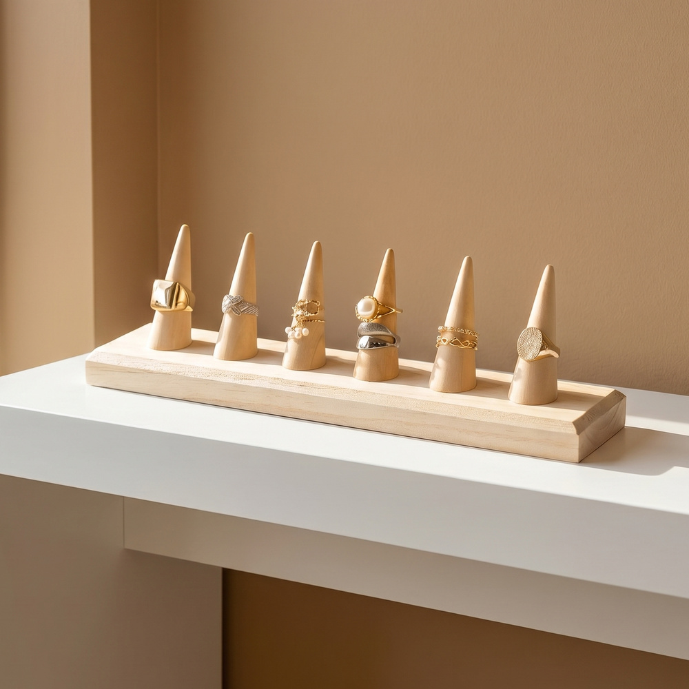 Natural Wood Six Finger Ring Cone Display Stand