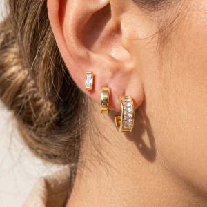 3 Pair Baguette Cz Stud And Hoop Earring Set