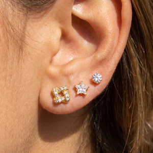 3 Pair Star And Solitaire Cz Stud Earring Set