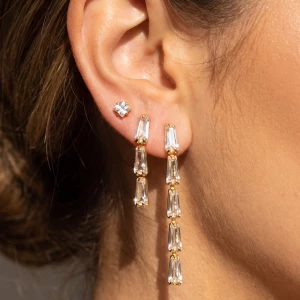 3 Pair Princess Cz And Baguette Drop Earring Set
