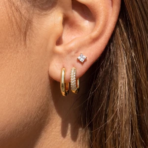3 Pair Princess Cz And Oval Huggie Hoop Earring Set