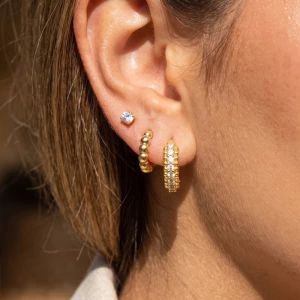 3 Pair Beaded And Pave Cz Huggie Hoop Earring Set