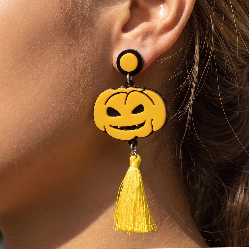 Jack O Lantern Pumpkin Tassel Drop Earrings