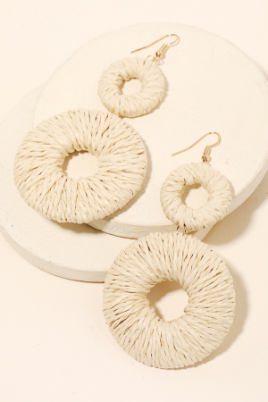 Straw Braid Round Disc Drop Earrings