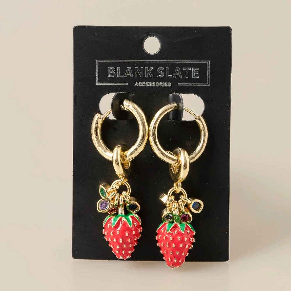 Enamel Strawberry And Mini Gem Charms Hoop Earrings