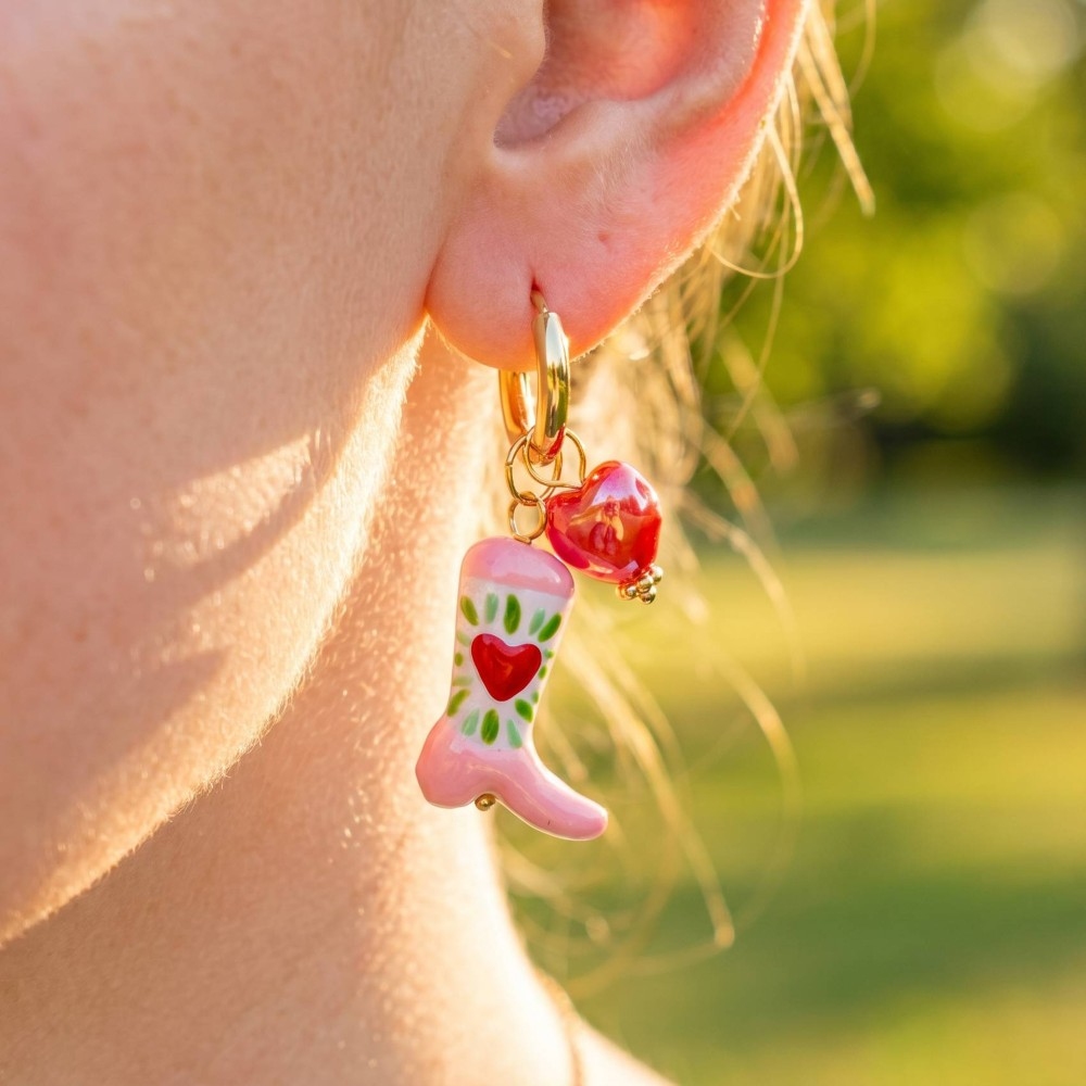 Western Cowboy Boots And Heart Charms Hoop Earrings