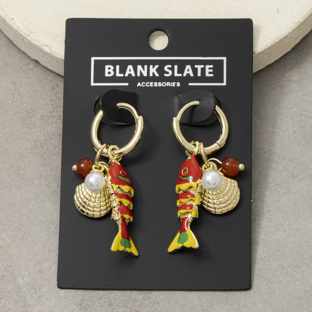 Enamel Koi Fish And Shell Charm Huggie Earrings