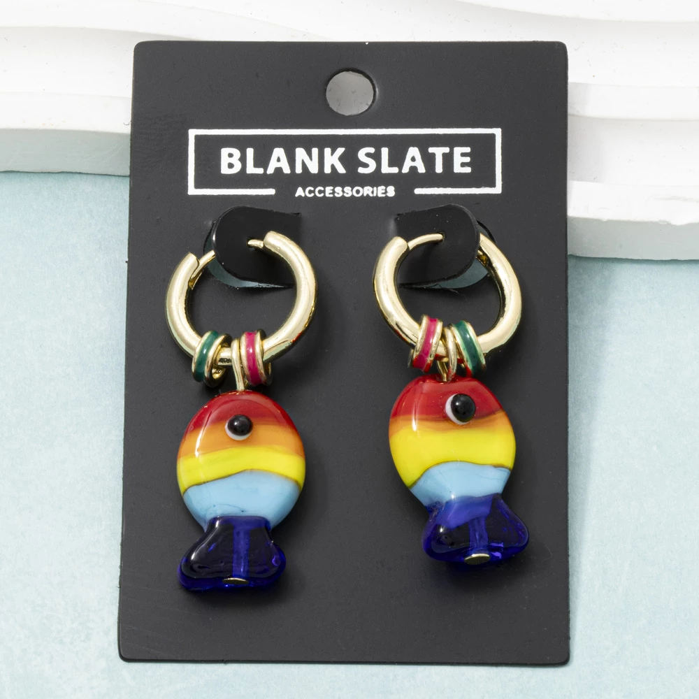 Rainbow Glass Fish Charm Huggie Hoop Earrings