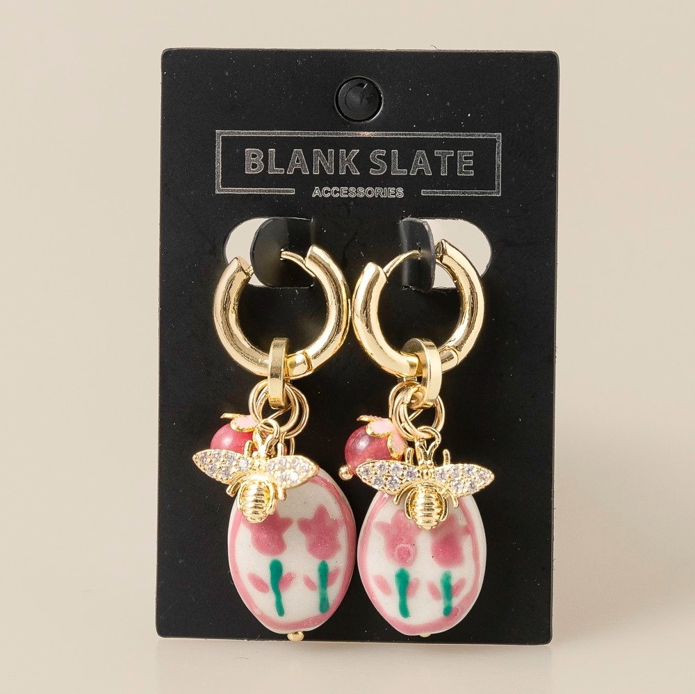 Bee And Floral Ceramic Charm Hoop Earrings