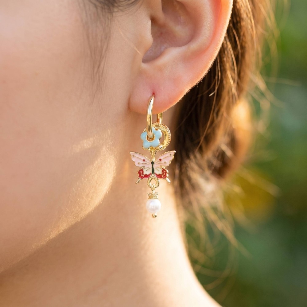 Enamel Butterfly And Flower Ring Charms Hoop Earrings