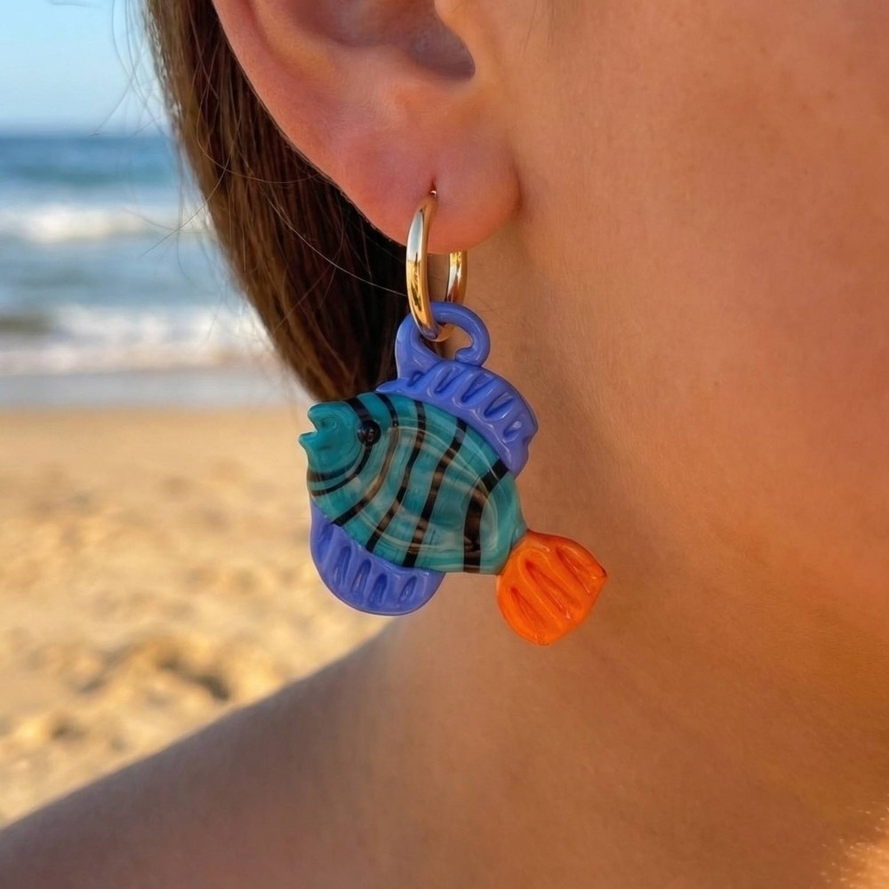 Enamel Fish Charm Hoop Earrings