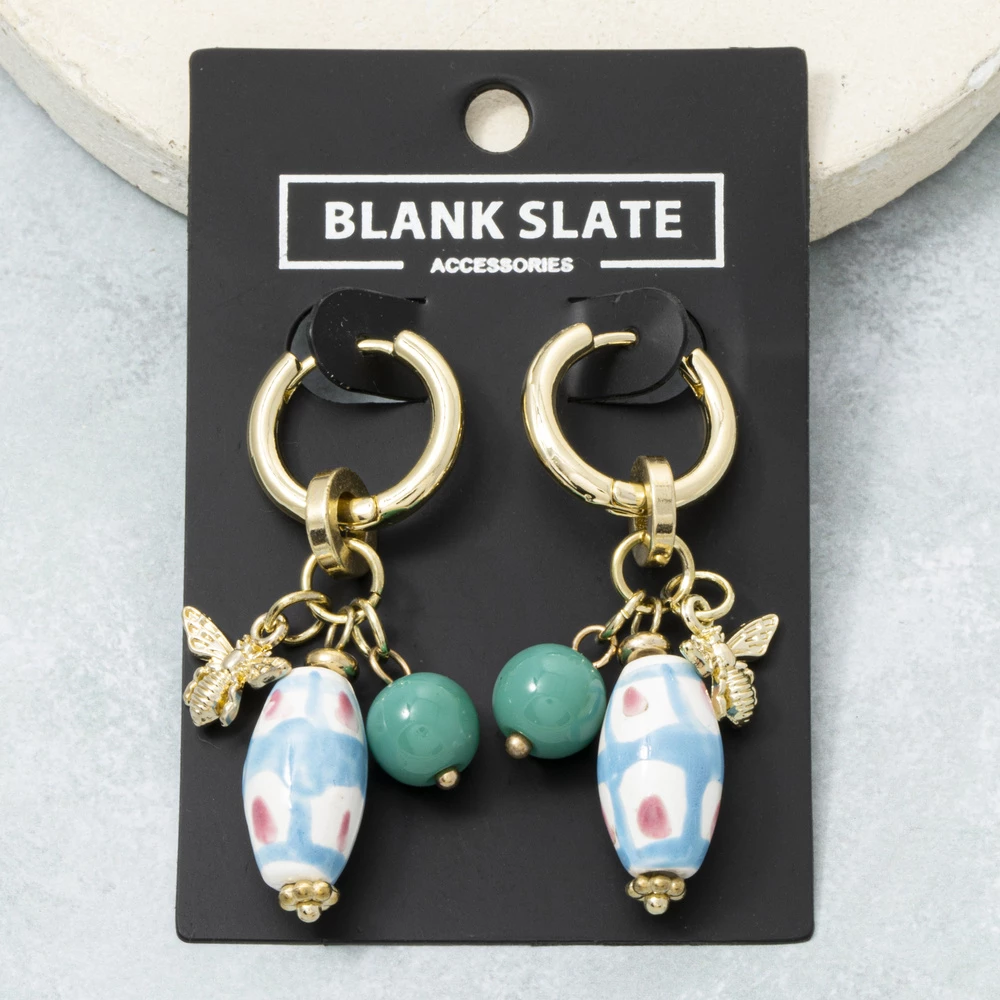 Porcelain Bead And Bee Charm Huggie Earrings