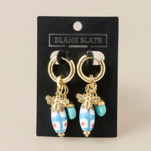 Bee And Turquoise Stone Charm Hoop Earrings