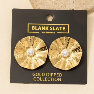Gold Dipped Pearl Stud Wavy Disc Large Stud Earrings
