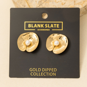 Gold Dipped Pearl Stud Lily Pad Stud Earrings
