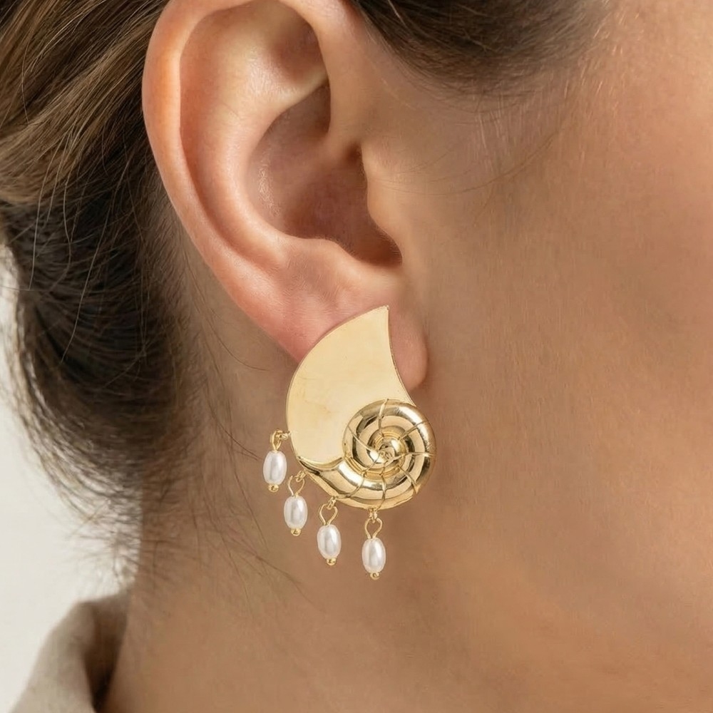 Gold Dipped Abstract Sea Shell And Pearls Large Stud Earrings