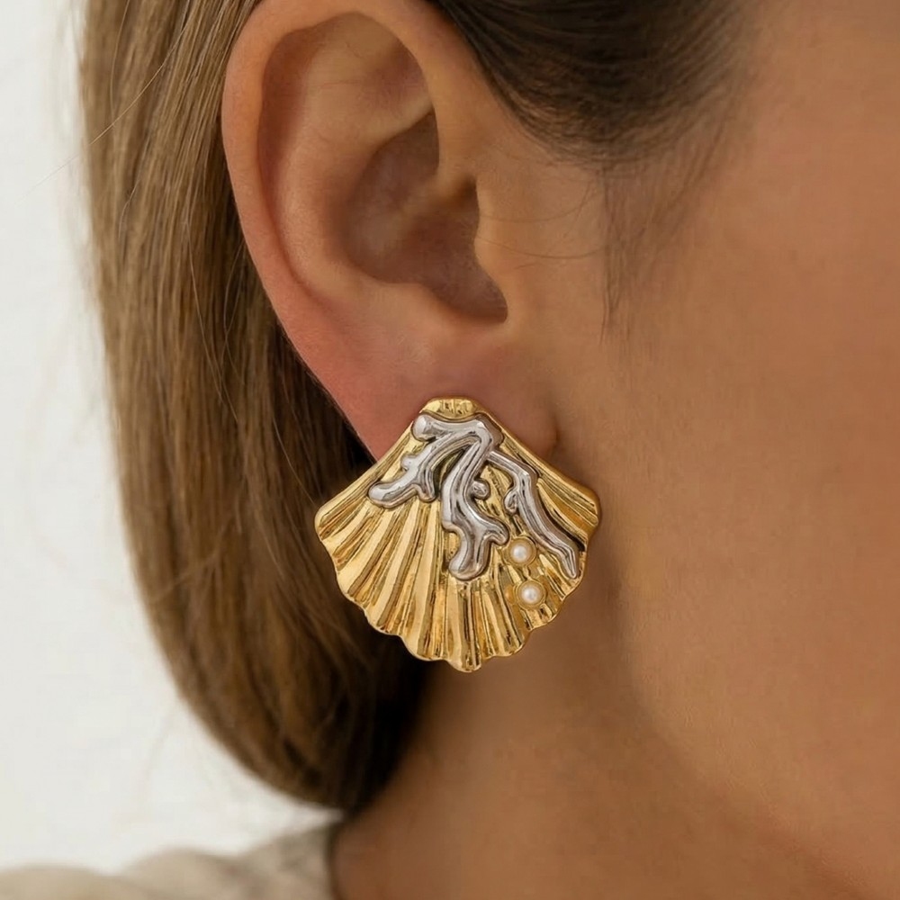 Gold Dipped Two Tone Coral And Shell Large Stud Earrings