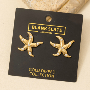 Gold Dipped Pearl Studded Starfish Stud Earrings