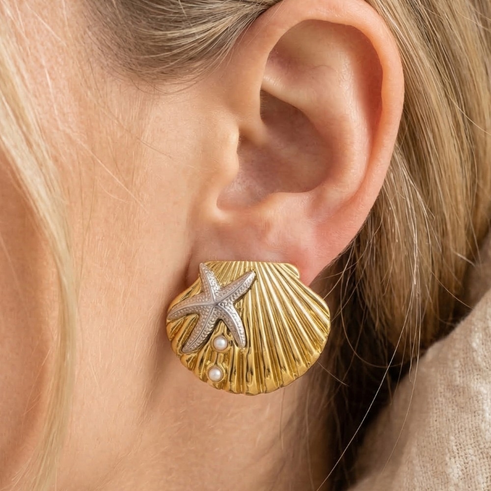 Gold Dipped Two Tone Starfish And Shell Large Stud Earrings