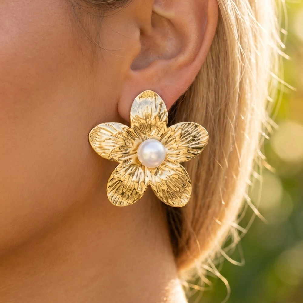 Gold Dipped Pearl Stud 5 Petal Flower Large Stud Earrings